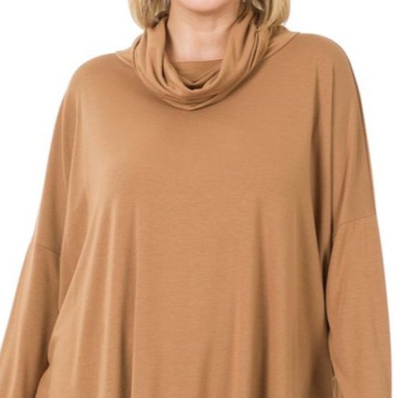 Plus Size Oversized Side Slit Cowl Neck Long Sleeve Top - Picture 2 of 4